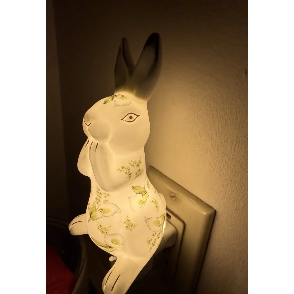 Porcelain Bunny Night Light Green Floral Lily Flowers Gold Accents Nightlight